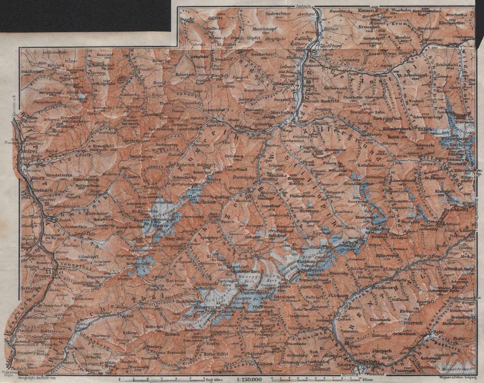 ZILLERTALER ALPEN ALPS. Mayrhofen Matrei Steinach. Tyrol/Südtirol 1923 old map